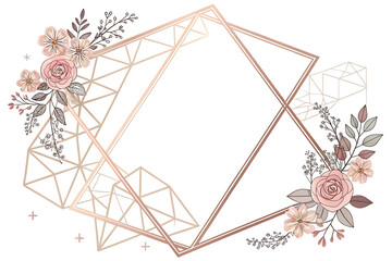 Poster - Geometric frame with floral accents featuring roses and delicate foliage on a white backdrop