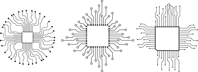 Poster - Abstract Technology Background circuit board pattern icons set isolated transparent. Ai chip electronics and connected dots. Data tech bg black flat and line motherboard vector Communication concept