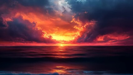 Wall Mural - Vibrant sunset over calm ocean waves with dramatic clouds reflecting warm colors on the horizon