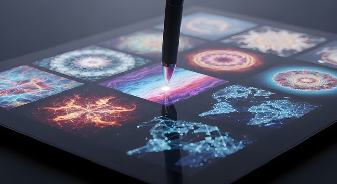 Tablet displays digital art, showcasing creativity with a stylus, highlighting modern artwork and design in technological innovation.