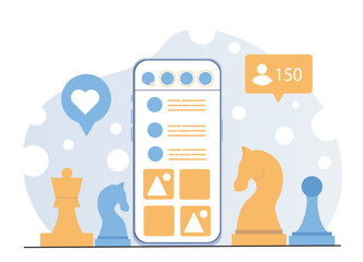 Poster - Smartphone interface with social media icons surrounded by stylized chess pieces in flat graphic style on a white and blue background. Concept of strategy and networking. Vector illustration