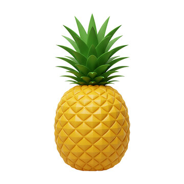 Ripe Yellow Pineapple with Green Leaves Standing on White Background