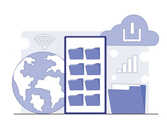 Poster - Illustration of cloud storage, folders, and global connectivity with icons like globe, mobile device, cloud download on a white background. Concept of data access. Vector illustration