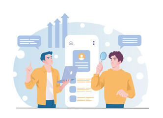 Poster - Two men analyzing data with laptop and magnifying glass in front of a mobile interface, flat style on abstract dotted background. Concept of teamwork and research. Vector illustration