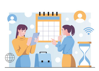 Poster - Two women discussing and planning a schedule using a calendar and tablet, flat graphic style, on a light blue background. Concept of teamwork and time management. Vector illustration