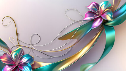 Poster - A decorative corner element featuring stylized, iridescent flowers and flowing ribbons
