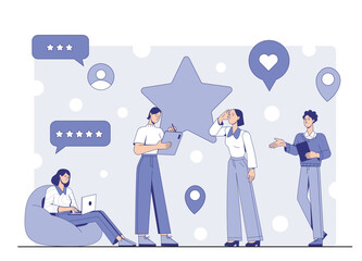 Poster - Group of people with rating stars, reviews, and location icons on a light abstract background, showing teamwork and online feedback. Vector illustration