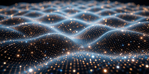 Fototapete - A minimalist mesh pattern full of glowing dots in a line style viewed from an aerial perspective