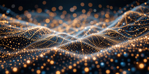 Fototapete - A minimalist mesh pattern full of glowing dots in a line style viewed from an aerial perspective