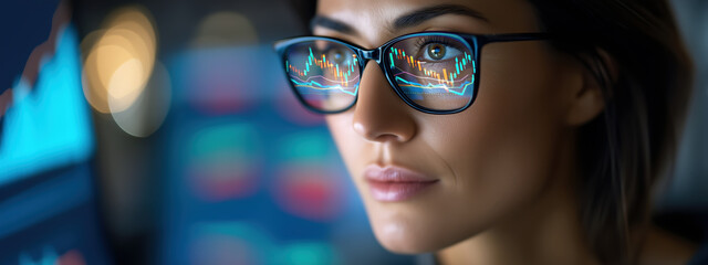 Poster - Woman Analyzing Financial Data Displayed on Glasses while Watching Stock Market Trends in a Modern Office Environment