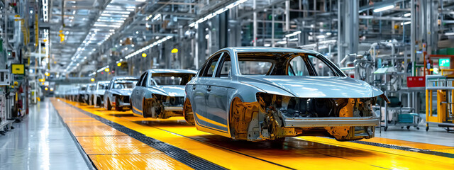 Poster - Production Line of Modern Vehicles in an Automotive Factory with Assembly Robots and High-Tech Equipment