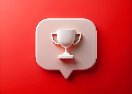 3D red speech bubble icon with a white trophy inside. design illustration