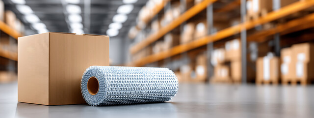Poster - Packaging Materials in Warehouse Setting with Cardboard Box and Bubble Wrap Roll for Safe Shipping and Storage Solutions