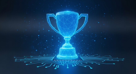 Digital blue trophy with polygonal design resting on a circuit board against a dark blue background