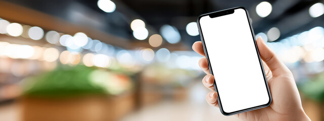 Poster - Hand holding smartphone with blank screen against blurred background of modern retail store showcasing bokeh effect and vibrant colors