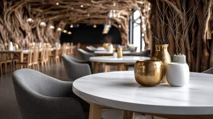 Leinwandbilder - Modern restaurant interior with marble table, gold and ceramic vases, gray chair, wooden furniture, and artistic branch wall design, cozy
