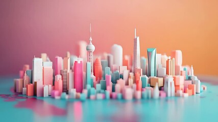 Colorful 3D cityscape model representing a vibrant urban environment with a gradient background