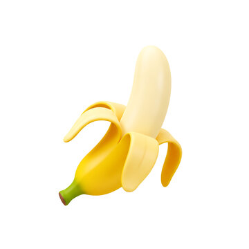 Ripe Yellow Banana with Peel Partially Removed on White Background