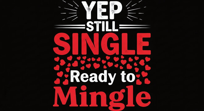 Yep still single ready to mingle text with hearts on a black background for valentines day theme design