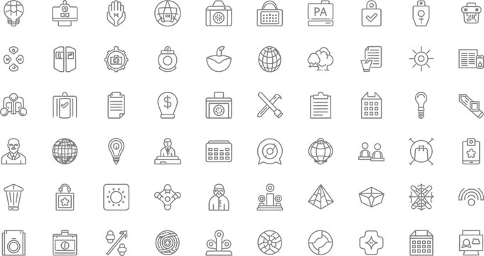 Vector art of a comprehensive set of line icons are displayed, perfect for web design, user interfaces, and modern graphic illustrations isolated on white background