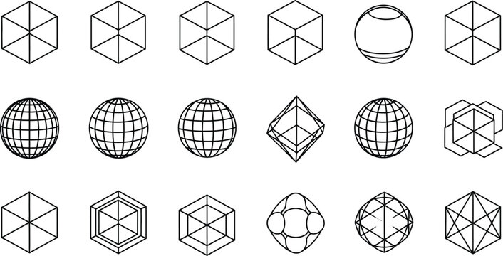 Vector art of a collection of geometric shapes and abstract designs are presented in a linear style, perfect for modern art and graphic illustrations isolated on white background
