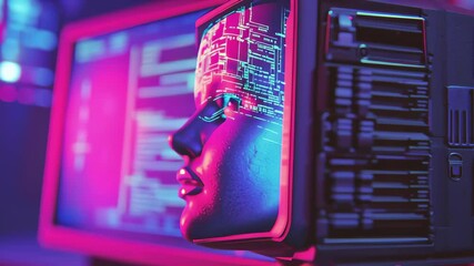 Poster - Exploring artificial intelligence through neon lights in a retro futuristic setting, Artificial Neural Network retrowave VHS style with grain ing