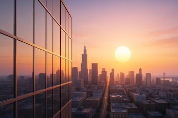 Poster - Modern business city skyline with tall glass buildings at sunset reflecting warm light and conceptualizing urban growth and background development.