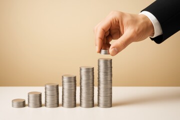 Poster - Hand stacking coins in ascending order symbolizing business growth and financial success on a light background. Ai generative.