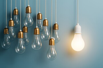 Poster - One glowing light bulb among many unlit bulbs on blue background symbolizing creativity, innovation, leadership and business ideas. Ai generative.