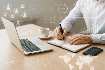 Poster - Businessman writing notes with laptop, digital charts and global data icons on light wooden desk background for modern analytics concept.