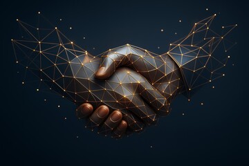 Poster - Futuristic digital handshake concept symbolizing business partnership and trust with light network geometry on dark background. Ai generative.