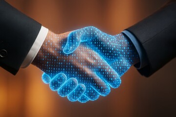 Poster - Digital handshake between businessman and binary-coded virtual hand symbolizing innovative tech partnership on warm blurred background.