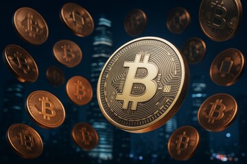 Poster - Floating golden bitcoin coins on dark cityscape background symbolizing digital finance, cryptocurrency investment and futuristic business concept.