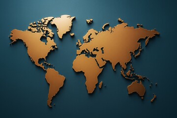 Poster - Abstract golden world map silhouette on dark teal background symbolizing global business connections and international corporate network concepts.