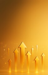 Poster - Abstract golden arrows rising upward on bright gradient background symbolizing growth, success, and business promotion concept with copy space.