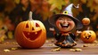 © Aekkachai - 3D Halloween scene with a laughing cartoon witch and a talking pumpkin