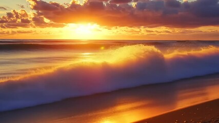 Wall Mural - Serene sunset over ocean waves crashing on a sandy beach with clouds reflecting golden light