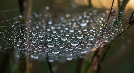 Spiderweb covered in water droplets with blurred background nature scene.