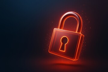 Fototapete - Glowing red padlock with neon light effect floating on dark background as cybersecurity and data protection graphic concept illustration.