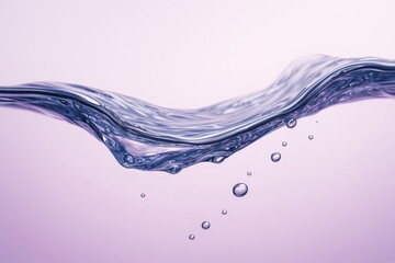 Poster - Abstract wave-like water surface with floating bubbles on soft pink background, representing purity, fluidity, and clean liquid concept.