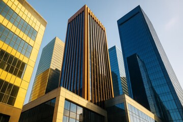 Poster - Modern skyscrapers with glass facades reflecting light in urban skyline with architectural contrast and blue sky background. Ai generative.