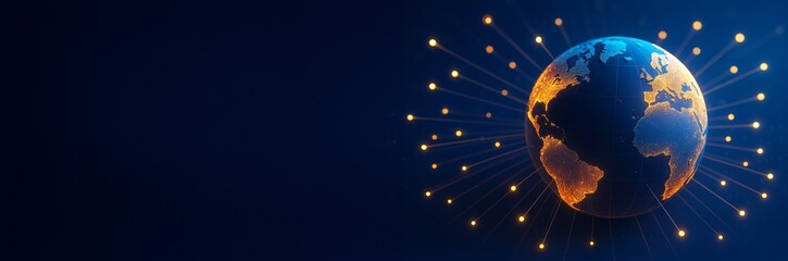 Poster - Glowing digital Earth with data light connections on deep blue background, perfect for global technology, network, or digital communication concept.