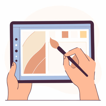 Digital Painting Hands Creating Art on Tablet with Brush and Color Palette, showcasing the digital creative process.