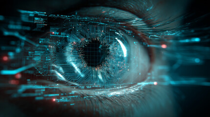 Poster - Futuristic machine vision concept: a digital android eye composed of circuitry and data streams that scans the environment, with glowing holographic interface elements