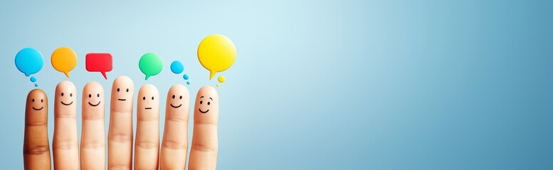 Poster - Cartoon faces on human fingers with colorful speech bubbles on blue background, representing communication and social interaction concept.