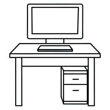 Desk with monitor isolated on transparent background in line art style