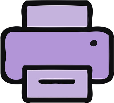 Cartoon illustration of a purple printer, a device for document printing.