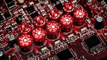 Poster - Close-up view of red circuit board with lit components.