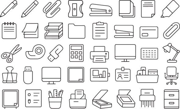 Collection of School, Office, and Business Supplies Outline Icons