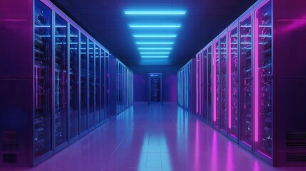 Aufkleber - Neon-lit server room with rows of computer equipment.